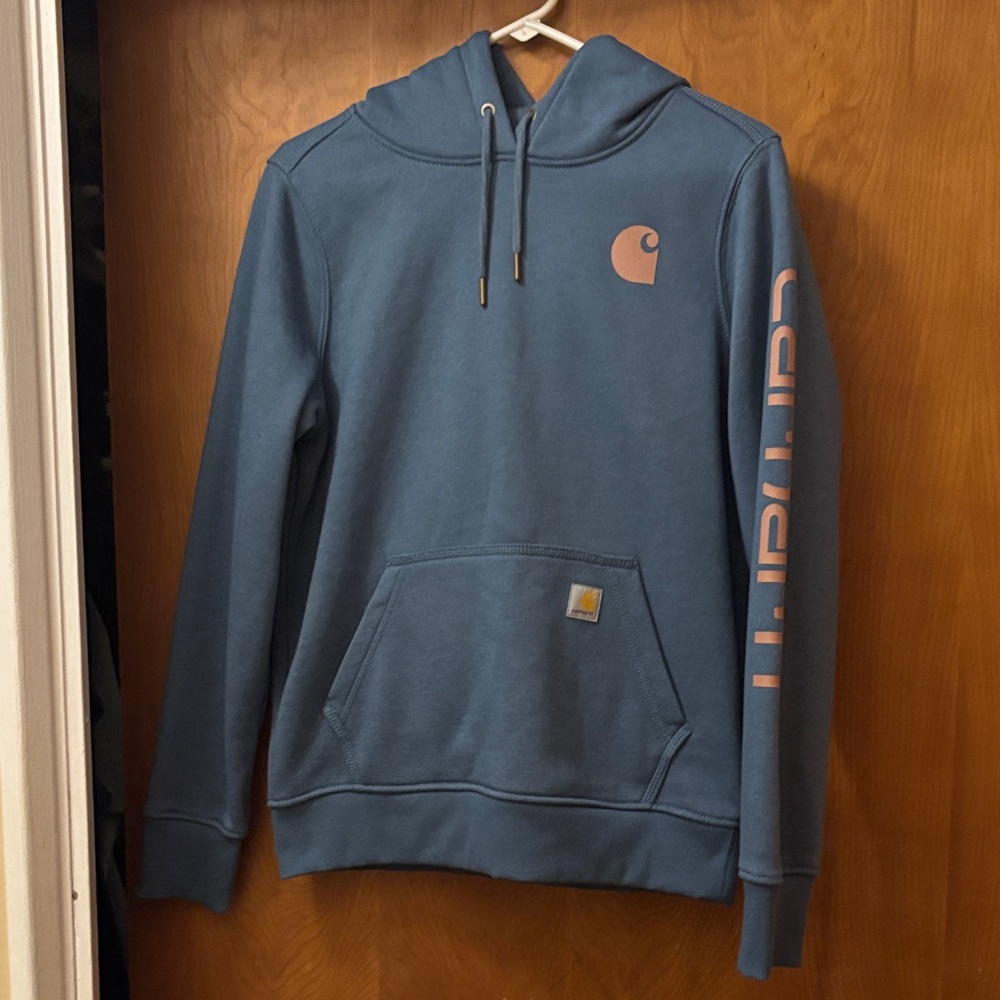 Carhartt Women’s Blue Hoodie with Tan Logo Like New